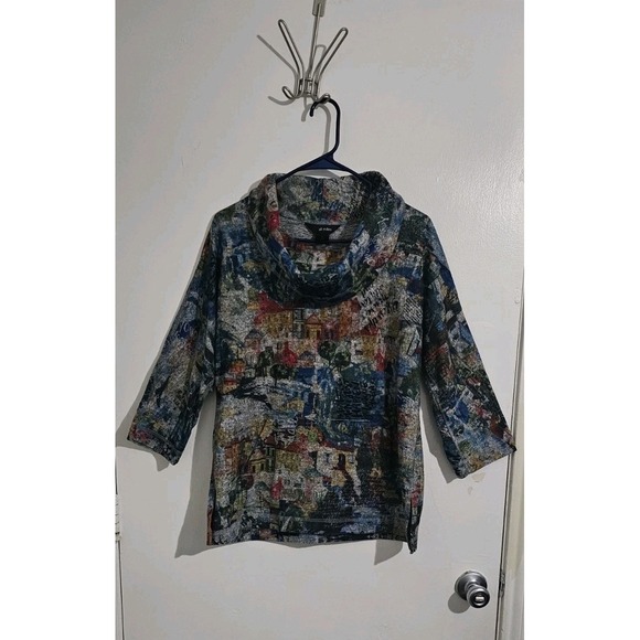 Ali Miles Sweaters - Ali Miles Abstract Village Brushed Knit Top Cowl Neck Sweater Sz Small‎ Pocket